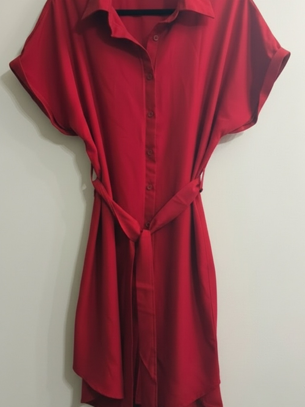 Red Button-Front Shirt Dress with Waist Tie